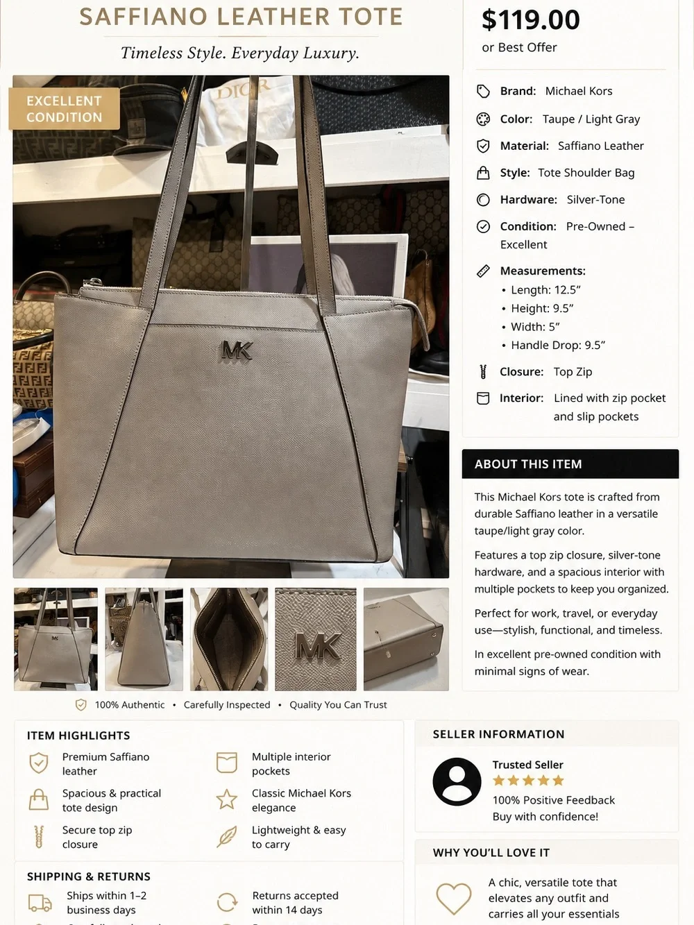 Michael Kors Light Grey Saffiano Leather Tote - Picture 2 of 6